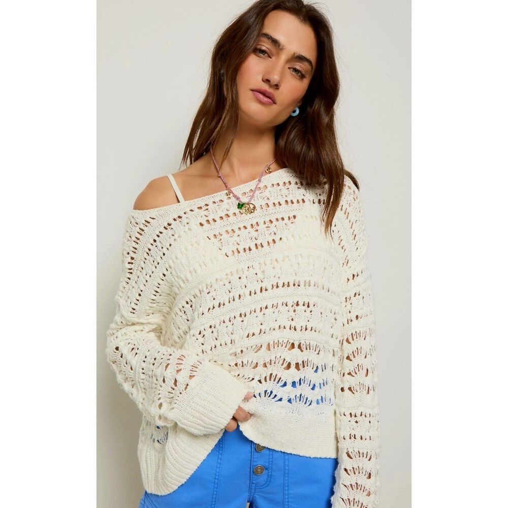 SEAS Sage Off Shoulder Pointelle Knit Sweater Large NWT Soft Cozy